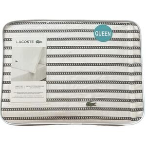 Lacoste Graphic Stripe Gray White 4pc QUEEN Sheet Set 109% Cotton Dark Grey Logo
